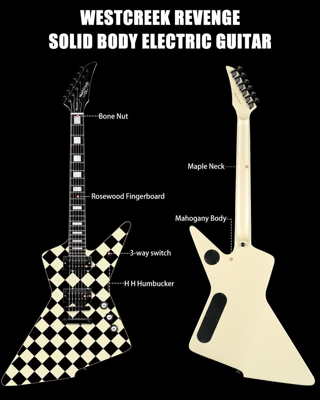 WestCreek Revenge Solid Body Electric Guitar, Heavy Metal Guitar, Right Handed, Heavy Metal Pickups, Rounded End Jumbo Frets, Bone nut, Rosewood Fretboard, Mahogany Body (Checker)