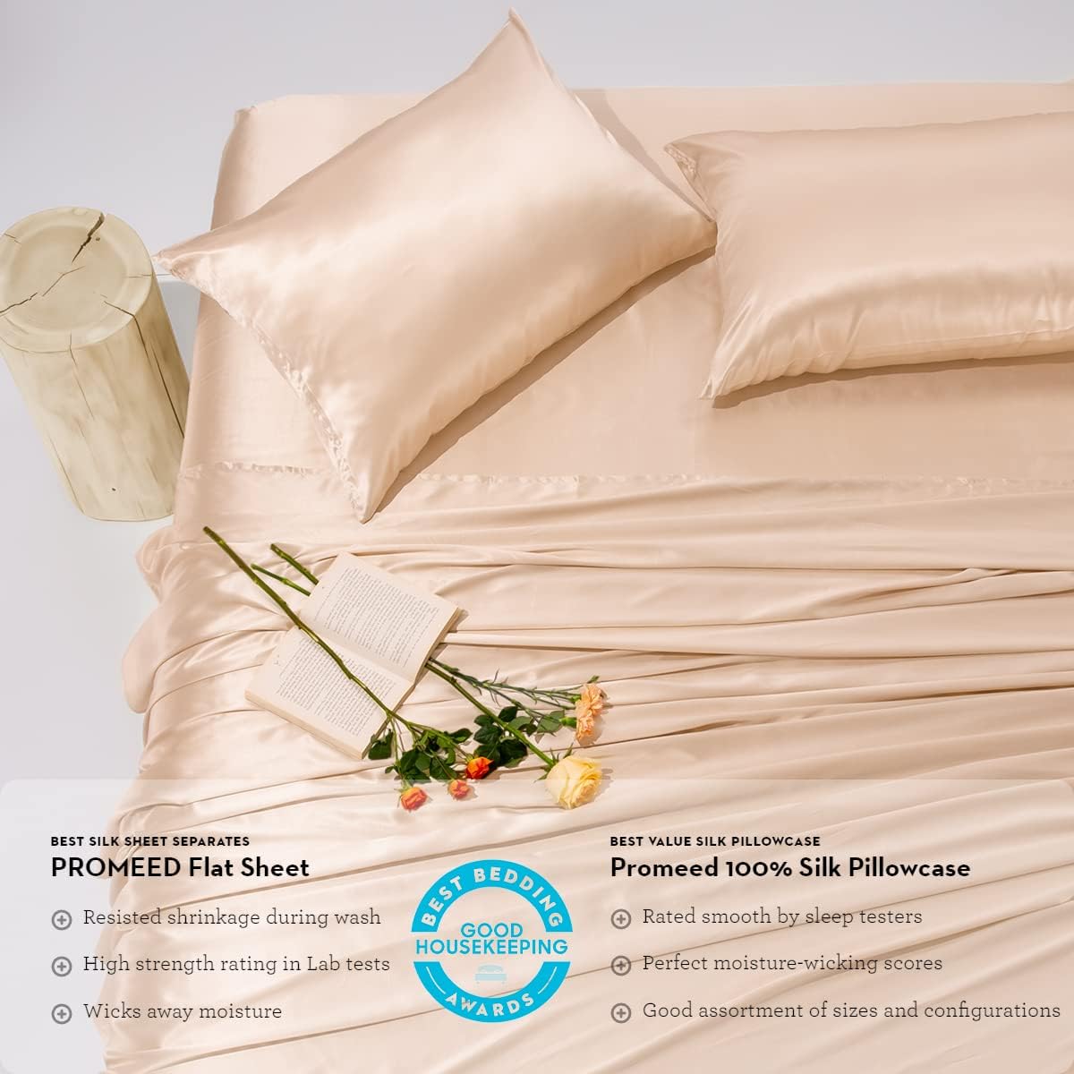 PROMEED 100% Pure Mulberry Silk Sheets Set 3 Piece, 23 Momme Grade 6A+ Natural Silk Bed Sheet Set, Includes Flat Sheet, Fitted Sheet and Pillowcase (Champagne, Twin/Twin-XL)