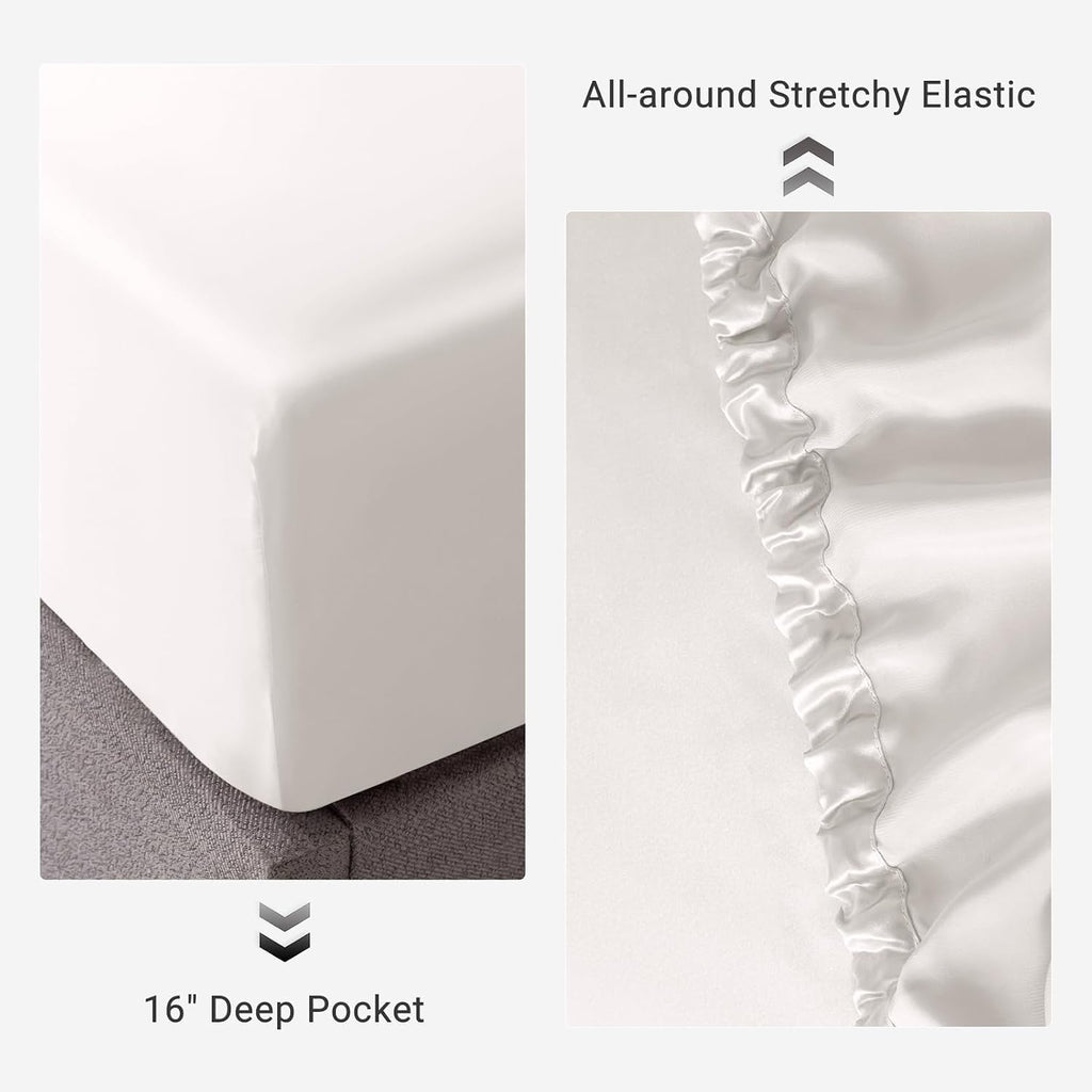 THXSILK 100% Mulberry Silk Fitted Sheet Set, 7A+ Silk 3 Pieces Bed Sheets, Breathable, Smooth, 16 Inch Deep Pocket Fitted Sheet, 2 Pillowcases - White, Twin