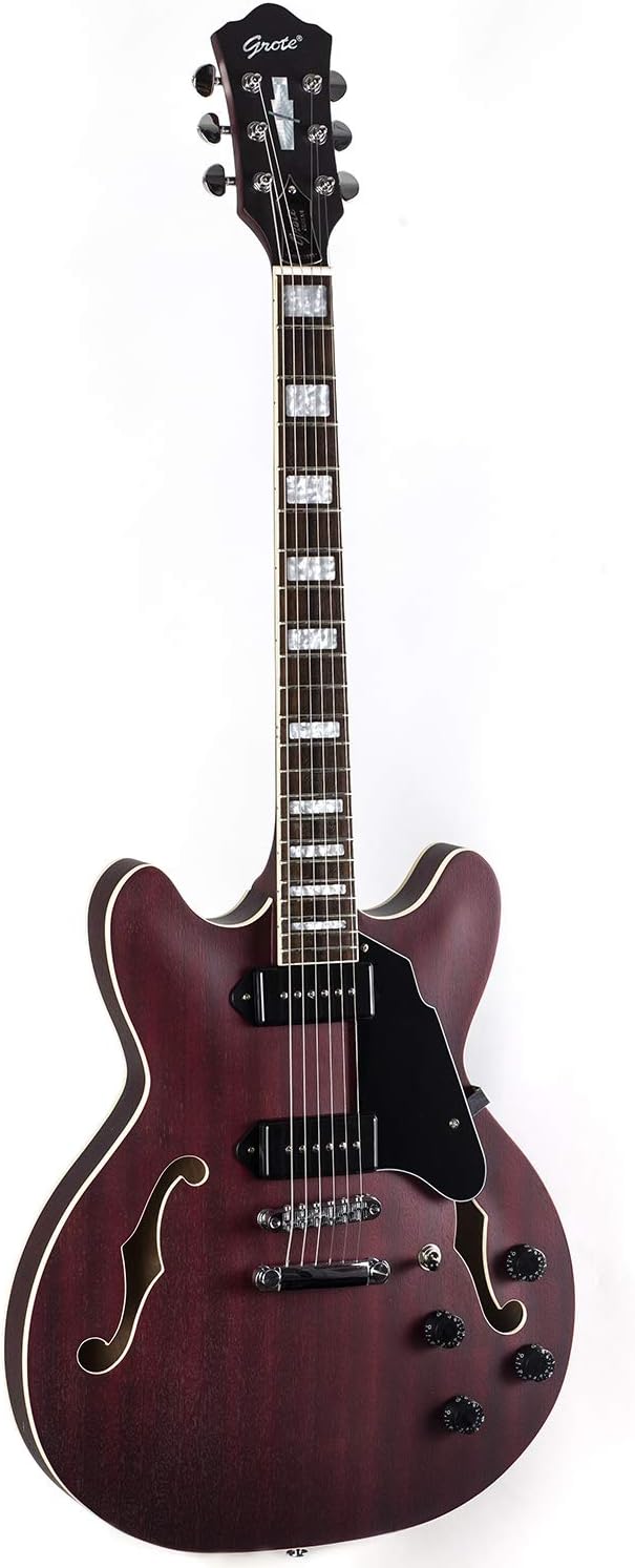 Grote 335 Style Jazz Electric Guitar Flame Maple top Semi-Hollow Body Matte Finished P90 Pickups (RED)