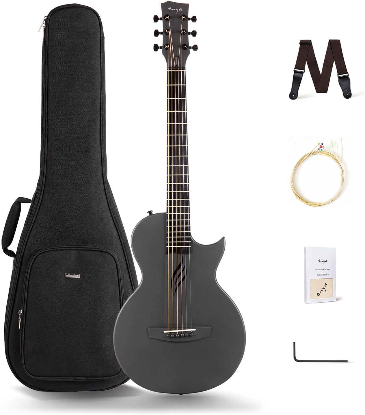 Enya Nova Go Carbon Fiber Travel Acoustic Guitar | 1/2 Size Lightweight Moisture-Proof Guitara | Adult & Beginner Portable Guitar with Gig Bag & Accessories (Black)