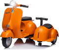 Licensed Vespa Kids Ride On Car with Side Car & Speaker | Motorcycle 2 Seater Three Wheeled Toy Car Rechargeable with Music Player, Volume Button, Lights, USB Plug, Forward, Backward, Orange