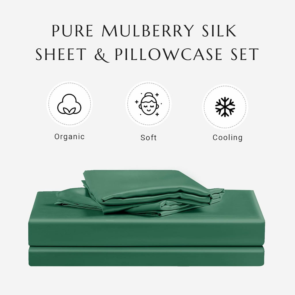 THXSILK 100% Silk Sheet Set, 7A+ Silk Sheet Set Soft Breathable, Luxury Bedding (1 Duvet Cover, 1 Fitted Sheet, 2 Pillow Shams), King, Emerald Green