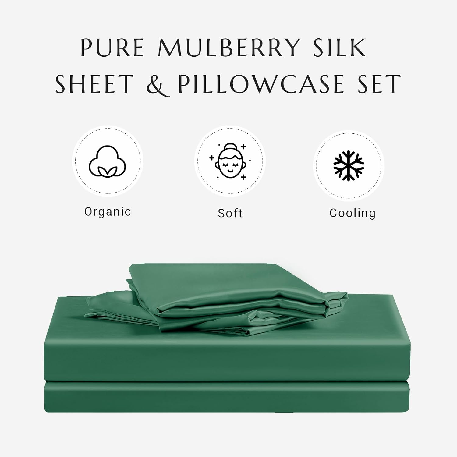 THXSILK 100% Silk Sheet Set, 7A+ Silk Sheet Set Soft Breathable, Luxury Bedding (1 Duvet Cover, 1 Fitted Sheet, 2 Pillow Shams), King, Emerald Green