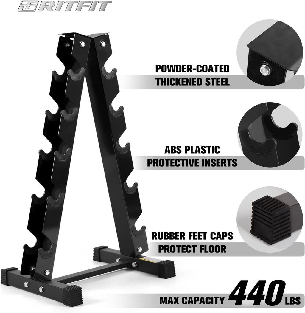 RITFIT Rubber Hex Dumbbells Set with Rack, 180-780LB Heavy-Duty Cast Iron Core, Knurled Chrome Handle, Space-Saving Storage Rack for Home Gym Strength Training