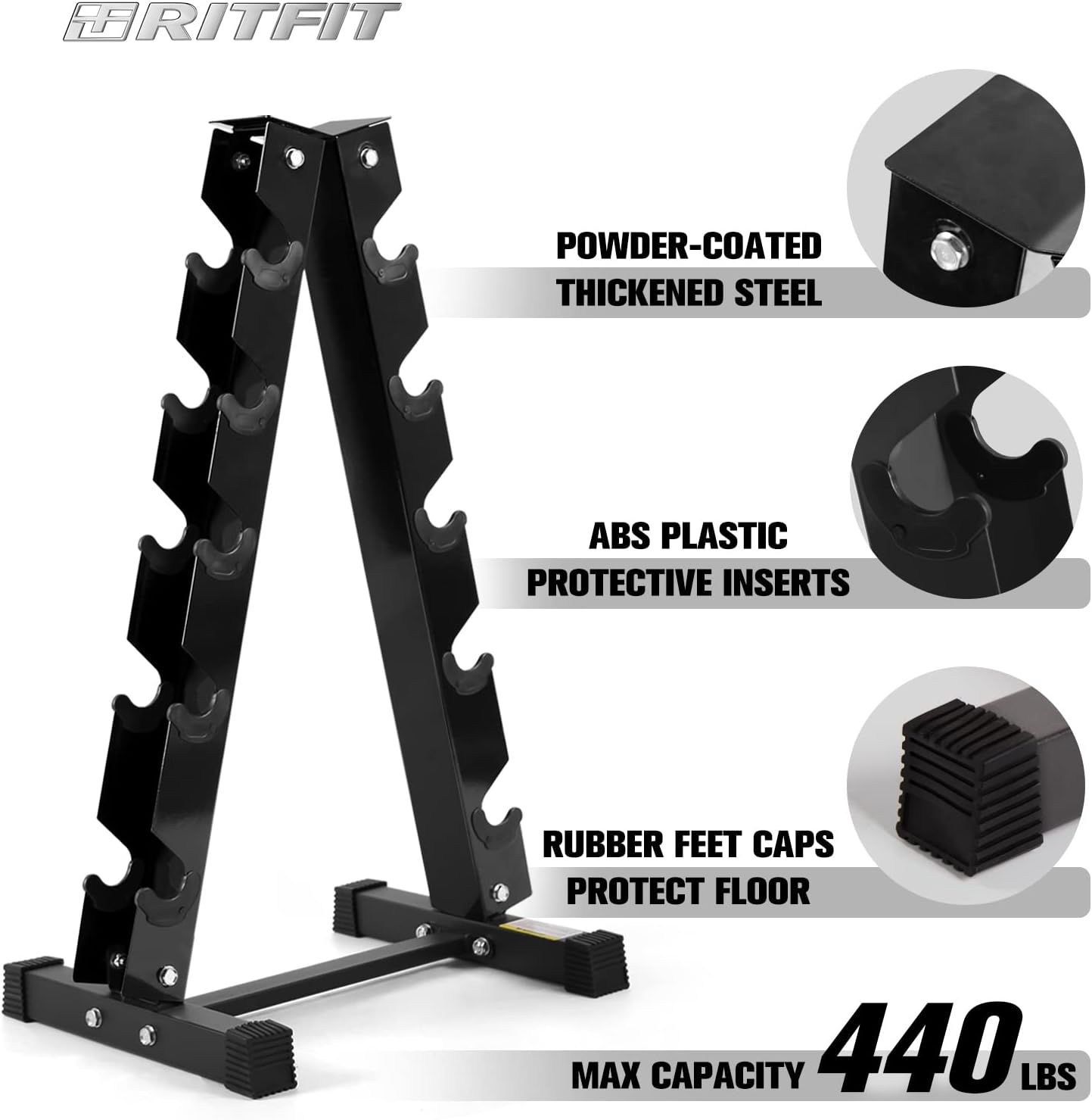 RITFIT Rubber Hex Dumbbells Set with Rack, 180-780LB Heavy-Duty Cast Iron Core, Knurled Chrome Handle, Space-Saving Storage Rack for Home Gym Strength Training