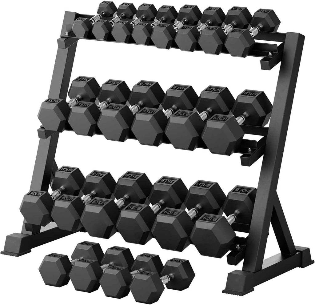 RITFIT Rubber Hex Dumbbells Set with Rack, 180-780LB Heavy-Duty Cast Iron Core, Knurled Chrome Handle, Space-Saving Storage Rack for Home Gym Strength Training
