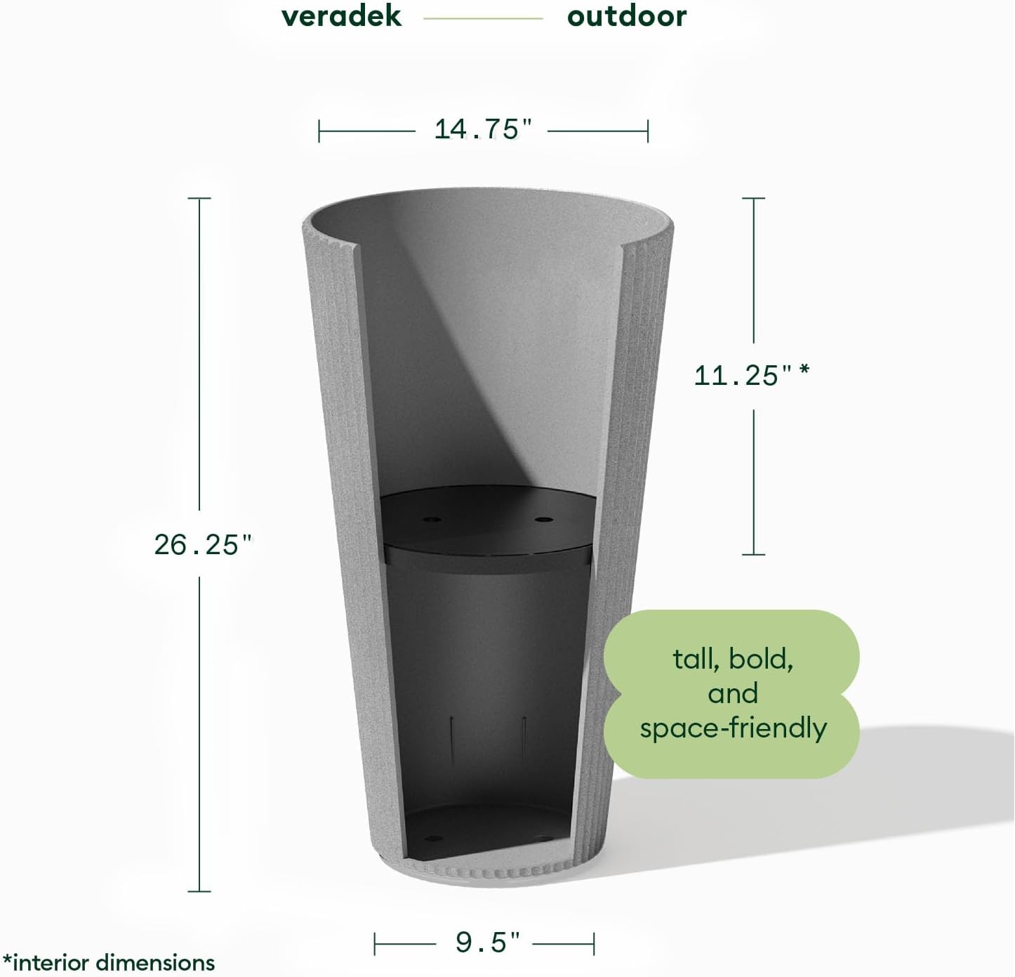 Veradek Demi Series Tall Planter for Porch, Patio, Backyard | Durable Plastic-Stone Composite Material | Modern Décor for Tall Plants, Grasses
