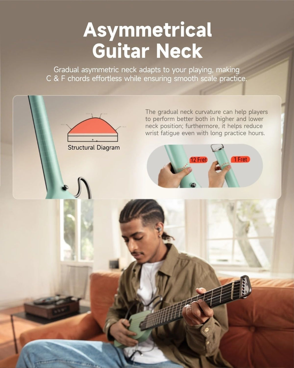 Donner HUSH-I Guitar For Travel, Portable Ultra-Light and Quiet Performance Headless Acoustic-Electric Guitar, Maple Body with Removable Frames, Gig Bag, and Accessories，Mint Green
