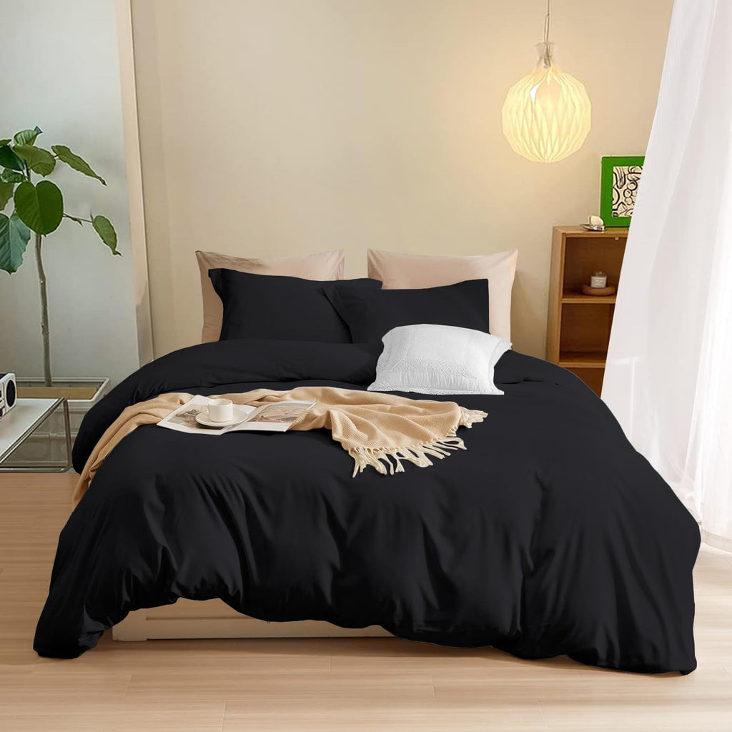 800TC 3 Sided Zipper Duvet Cover Set Soft Egyptian Cotton 3 Sided Zipper Closure, 3 PCS 1-Duvet Cover & 2- Pillow Shams - King-XL Size (98' x 116') Inches, (Solid Black)