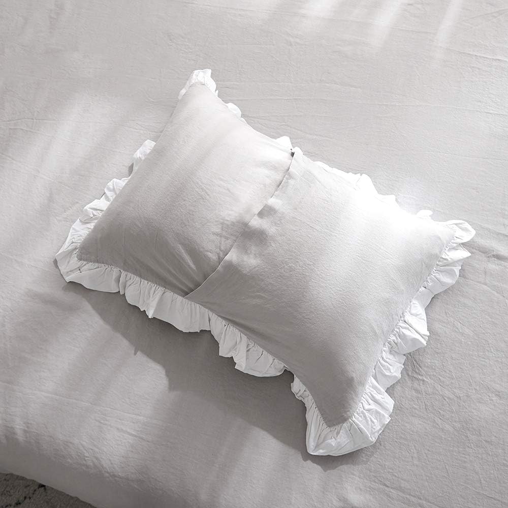 Simple&Opulence 100% Linen Duvet Cover Set (104'x92') Floral Flax King Size, Shabby Chic Ruffle Edge Lace Insert Decoration, 3 Pcs Farmhouse Bedding-1 Comforter Cover 2 Pillow Shams, Floral Grey