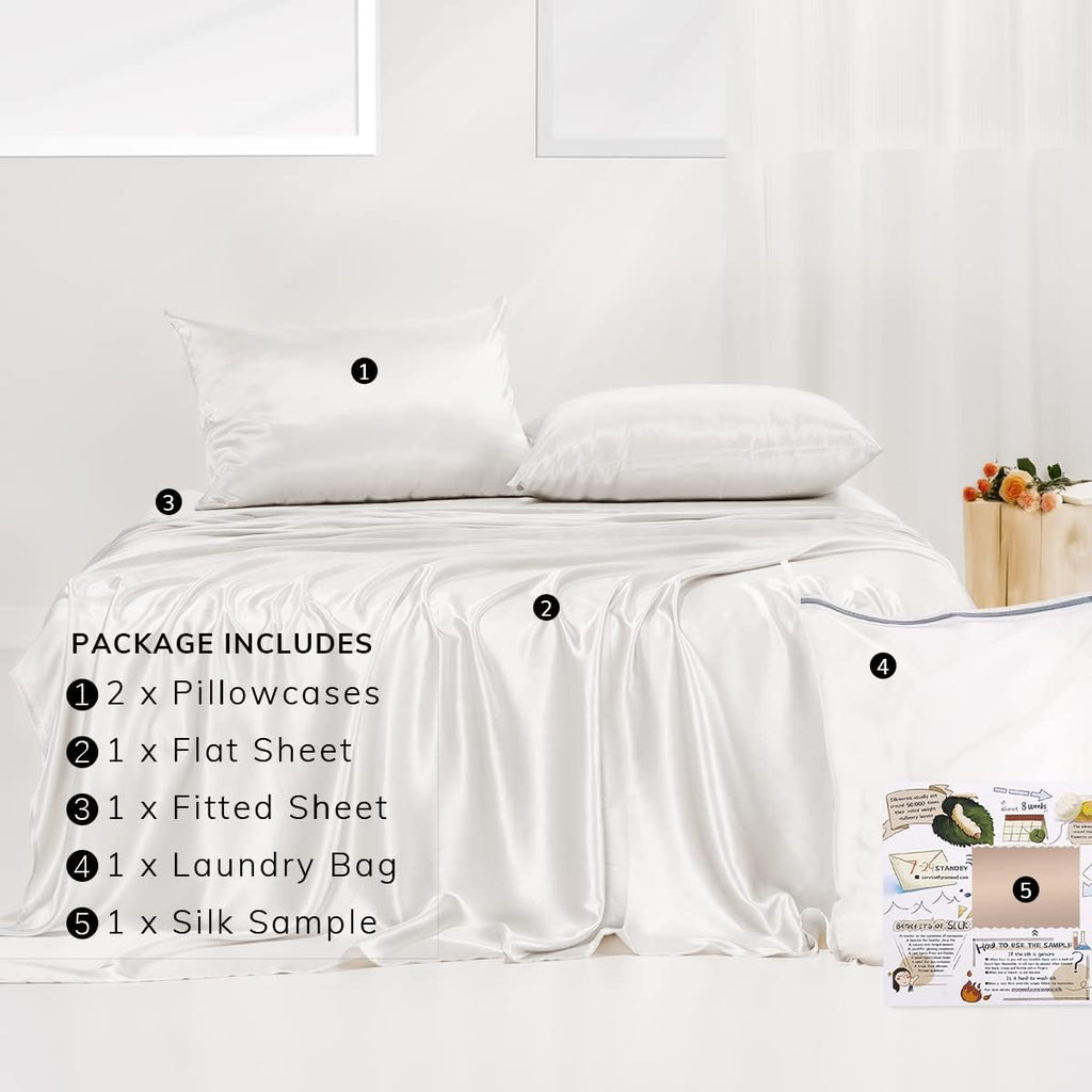 PROMEED 100% Mulberry Silk Sheets Set - 4 PCS, 23 Momme Silk Bedding Set with Flat Sheet, Fitted Sheet and Pillowcases (White, King)