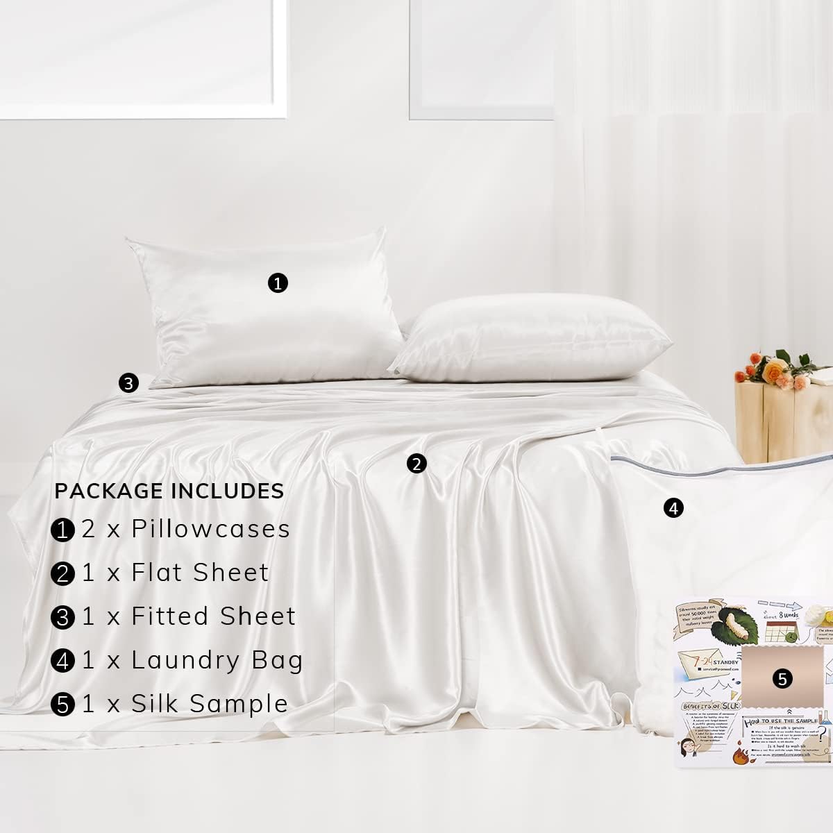 PROMEED 100% Mulberry Silk Sheets Set - 4 PCS, 23 Momme Silk Bedding Set with Flat Sheet, Fitted Sheet and Pillowcases (White, King)