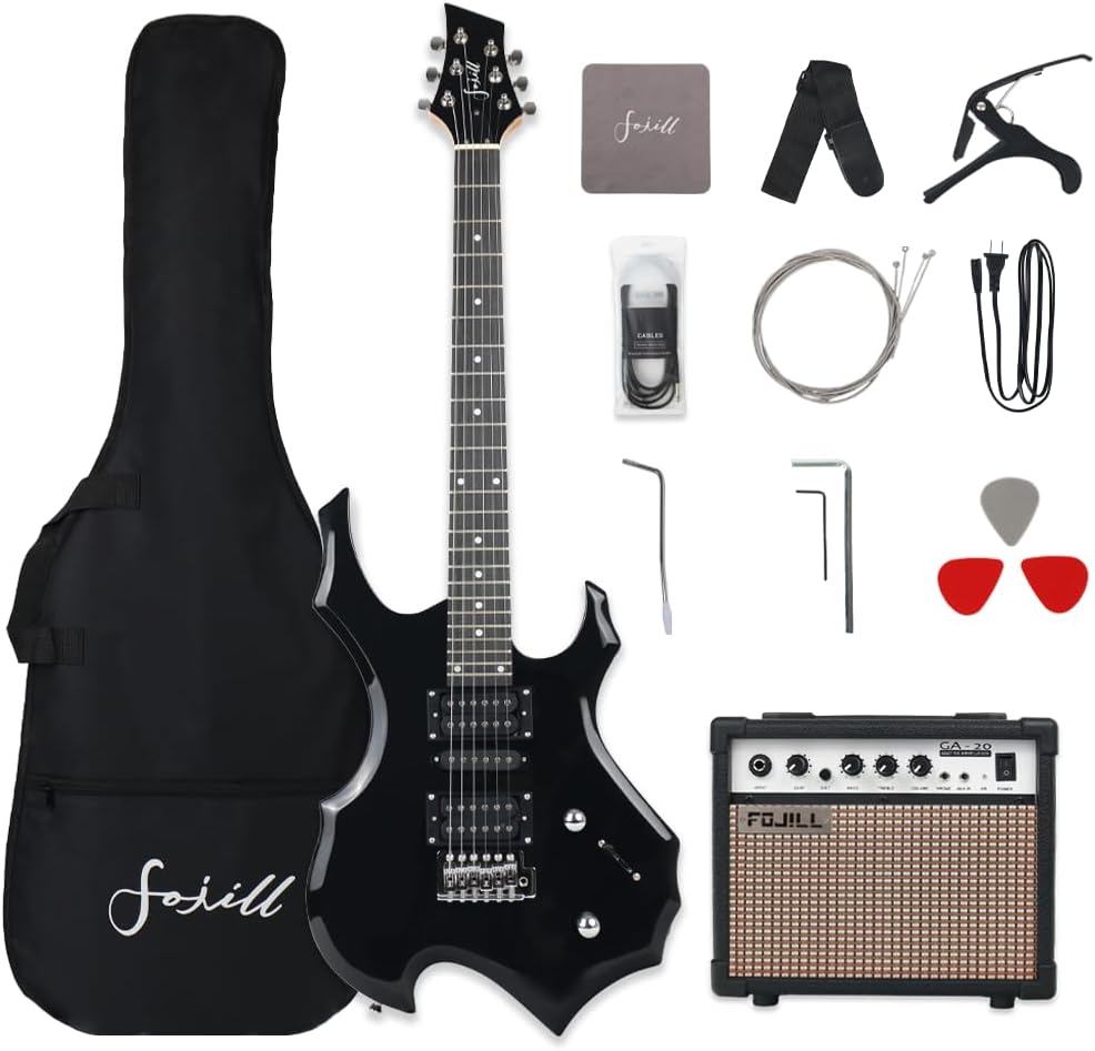 Fojill Heavy Metal Cool Shape Electric Guitar Kit Set Beginner Starter Combo Package Bundle 20W Amplifier Amp Accessory Padded gig Bag,Picks, Cable,Strap,Extra Strings (FCGK-50, Black)
