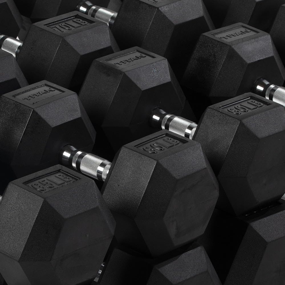 Titan Fitness Rubber Hex Dumbbells, 5 LB-50 LB Set of Pairs, Roll-Resistant Hexagonal Free Weights, Hex Dumbbell set with Chrome-Coated Handles, Free Weight Set, Strength Training Equipment