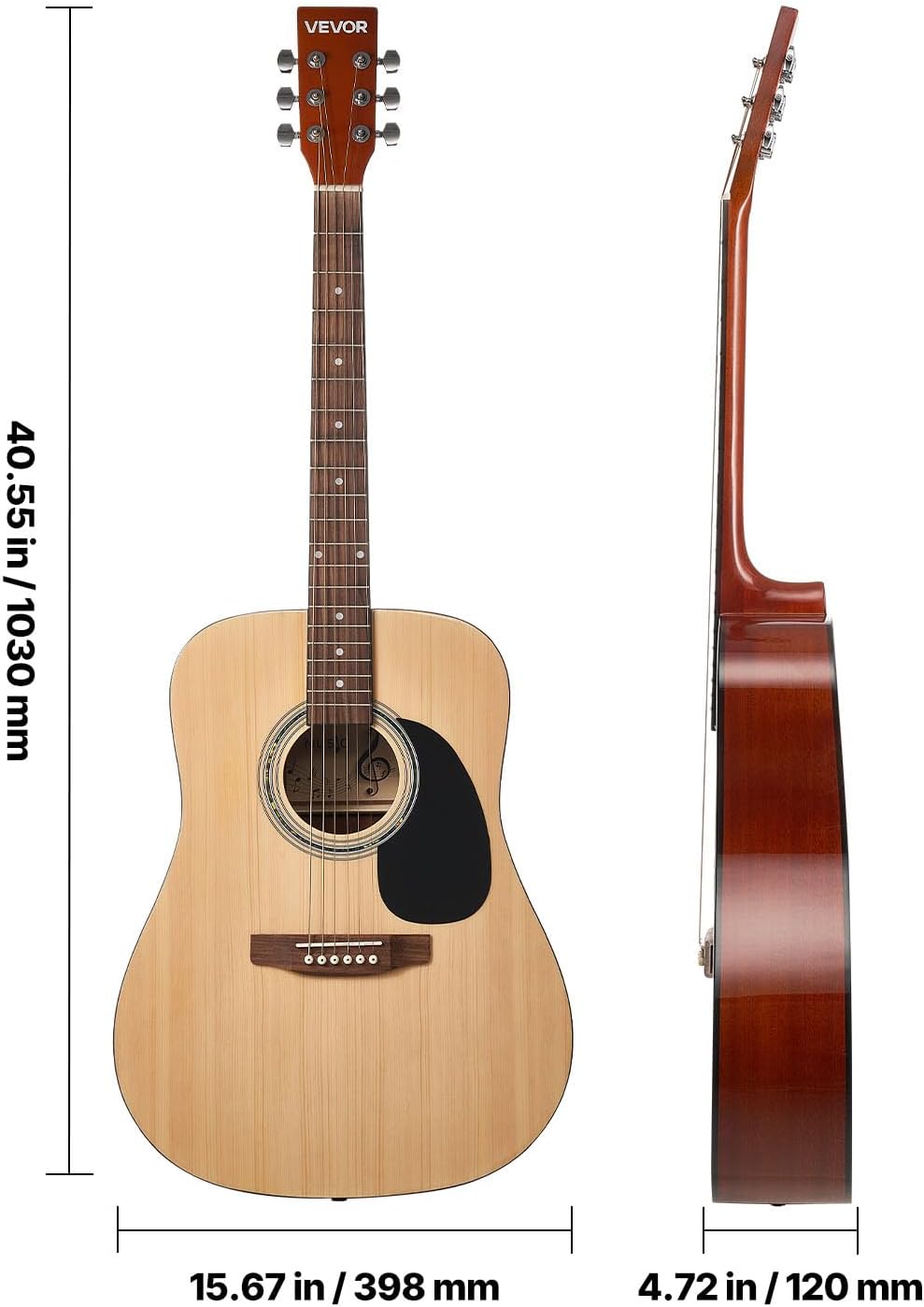 VEVOR Dreadnought Acoustic Guitar, 41 in, 6-String Natural Solid Spruce Top Guitar, Beginner Bundle with Gig Bag, Tuner, Strap, Strings, Picks, Capo, Rosewood Fingerboard, for Adults Taller Players