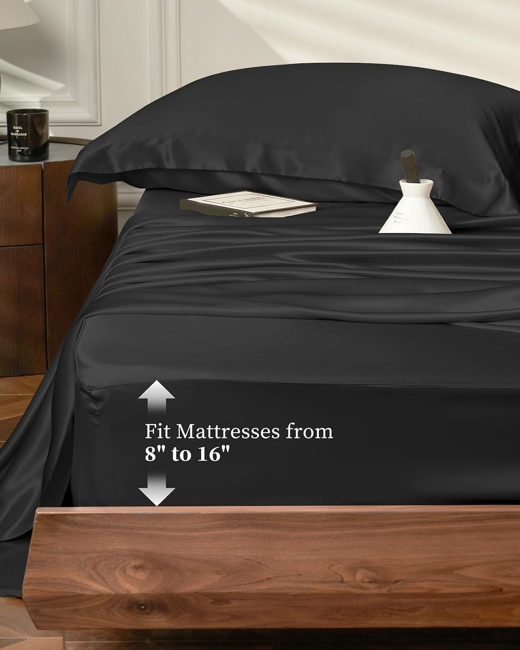 THXSILK 4Pcs Silk Bed Sheets Set, 100% Long Stranded 25 Momme Mulberry Silk Bedding Set, Sheets and Pillowcase Set, Luxurious and Extremely Soft(Black, Queen)