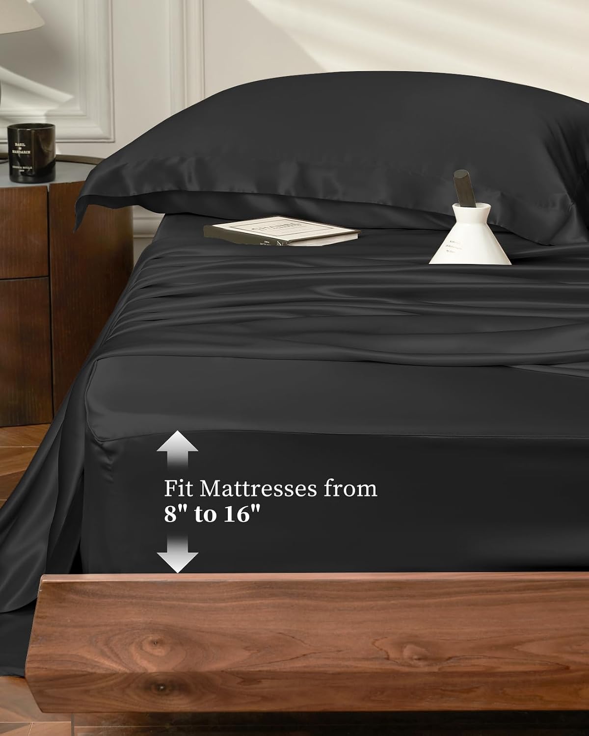 THXSILK 4Pcs Silk Bed Sheets Set, 100% Long Stranded 25 Momme Mulberry Silk Bedding Set, Sheets and Pillowcase Set, Luxurious and Extremely Soft(Black, Queen)