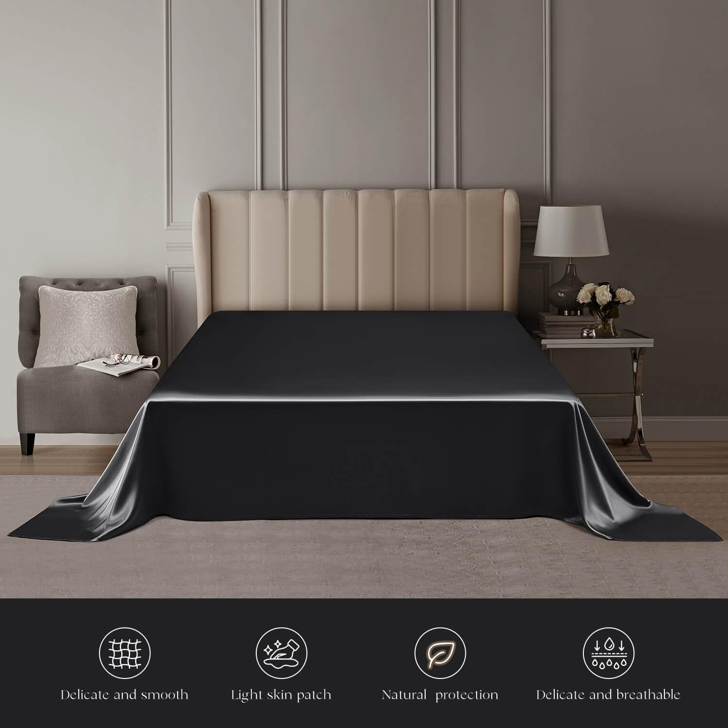 DISANGNI 22 Momme 100% Mulberry Silk Bedding Set - 4-Piece Luxury (2 Pillowcases, 1 Fitted Sheet, 1 Flat Sheet) - 6A Grade Natural Silk (Black, Queen)