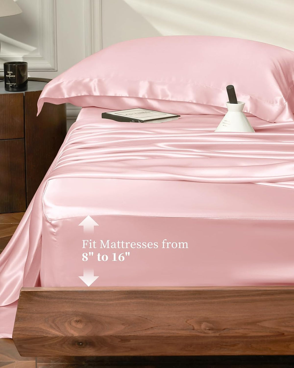 THXSILK 4pcs Silk Bed Sheets Set, 100% Long Stranded 25 Momme Mulberry Silk Bedding Set, Sheets and Pillowcase Set, Extremely Soft and Luxurious (Charming Pink, Queen)