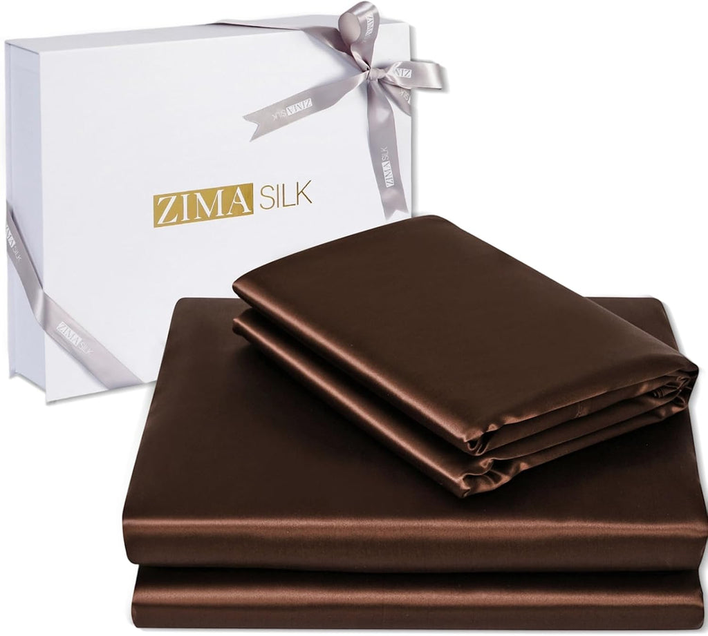 ZIMASILK 100% 19 Momme Mulberry Silk Bedding Set - Queen Size 4-Pieces - Soft, Silky & Hypoallergenic for Luxury Sleep, Good for Hair & Skin (King, Chocolate)