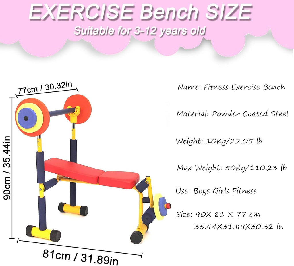 Bench and Leg Press for Kids, Fitness Exercise Equipment for Kids, Children Workout Barbell Dumbbell Weight Set for Ages 3-12 Year Old