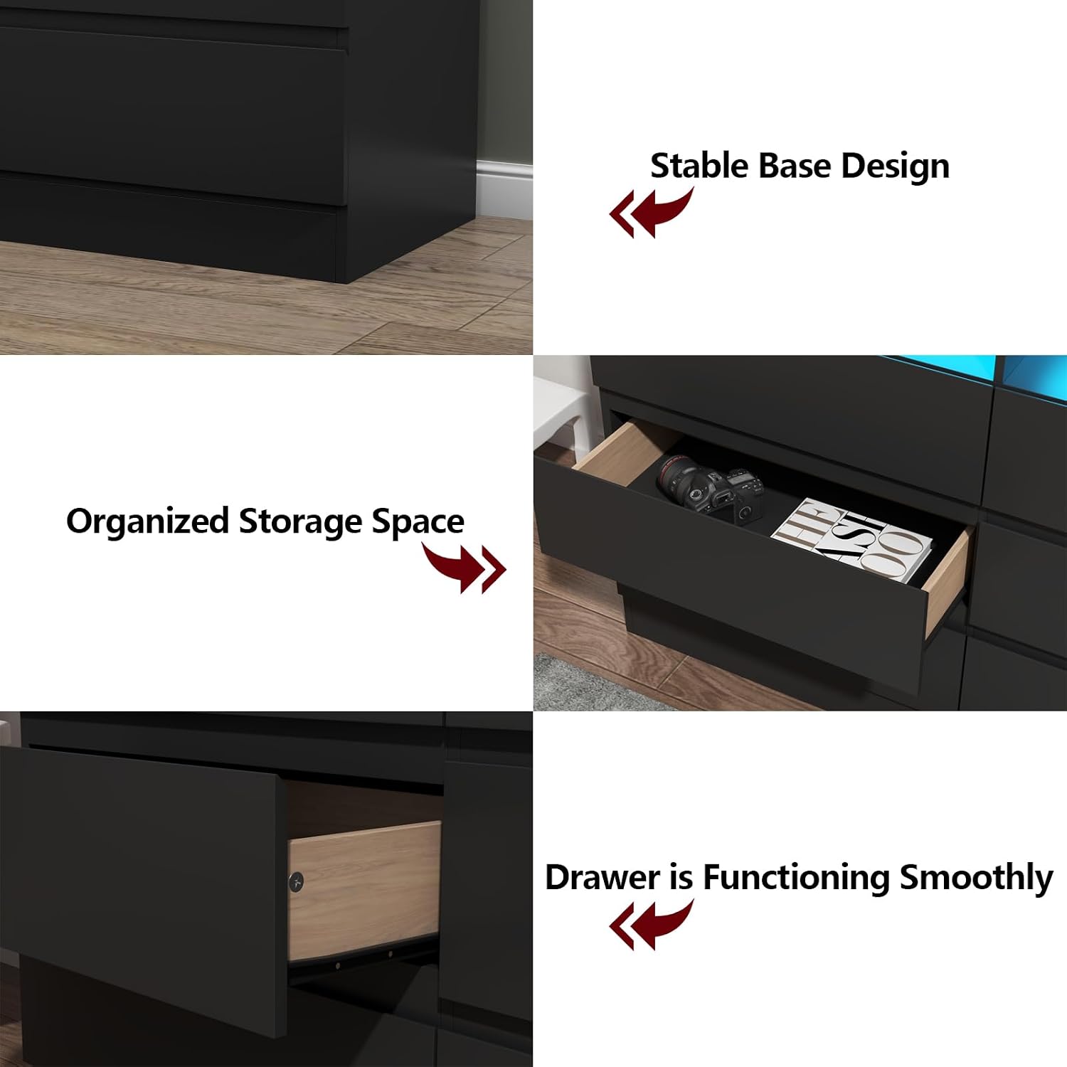 Auromie 9 Drawers Dresser, Double Modern Chest of Drawers with Power Outlet, Dresser TV Stand with Led Light Strip, Drawer Organizer for Bedroom, Living Room, Hallway (Dark Black, 9 Drawer)