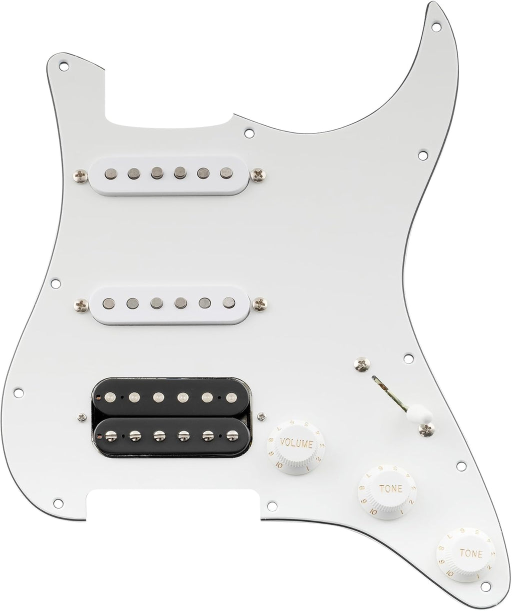 Musiclily Pro Auto-Split HSS Loaded Pickguard ST Prewired Pickguard with Artec Alnico 5 Single Coil Humbucker Pickups for American/Mexico Import Squier Strat Electric Guitar, 3ply White