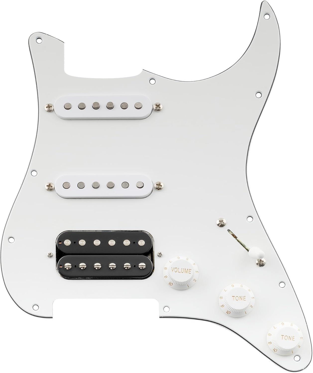 Musiclily Pro Auto-Split HSS Loaded Pickguard ST Prewired Pickguard with Artec Alnico 5 Single Coil Humbucker Pickups for American/Mexico Import Squier Strat Electric Guitar, 3ply White