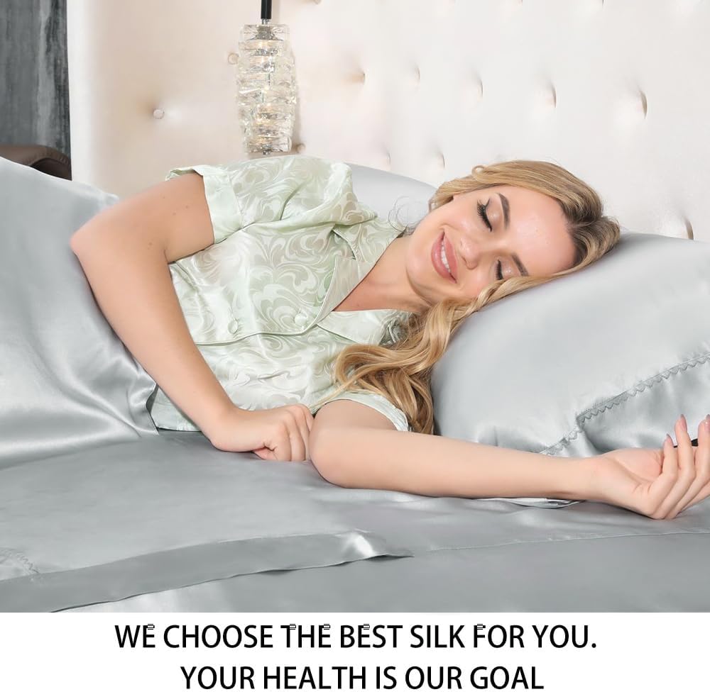 Silk Sheet Set - 100% Mulberry Silk, 19 Momme, Deep Pockets, Ultra Soft Luxury Bedding (Gray, King)