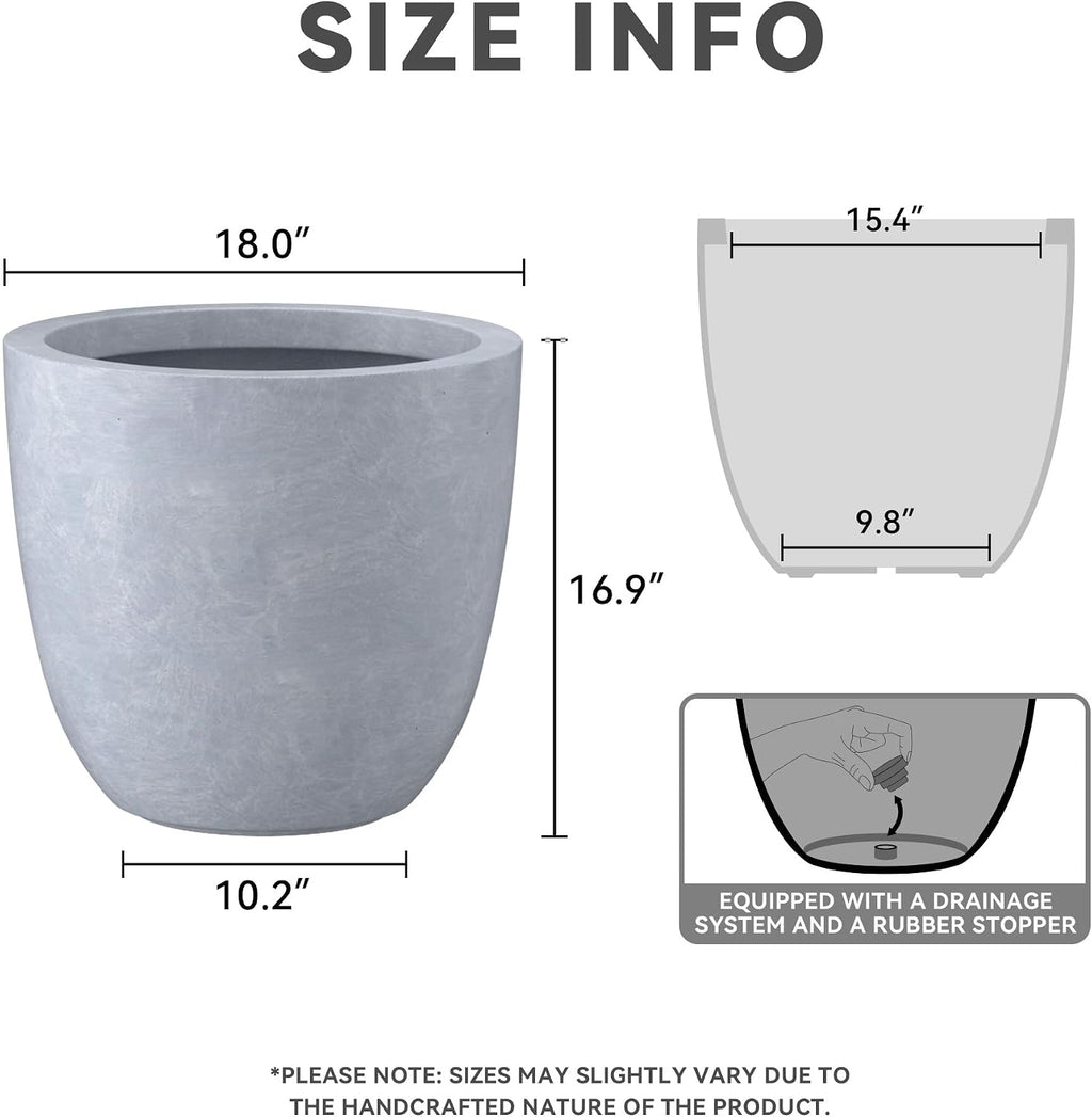 Kante 18 Inch Dia Round Concrete Planter, Indoor Outdoor Large Plant Pot with Drainage Hole and Rubber Plug for Home Patio Garden, Gray