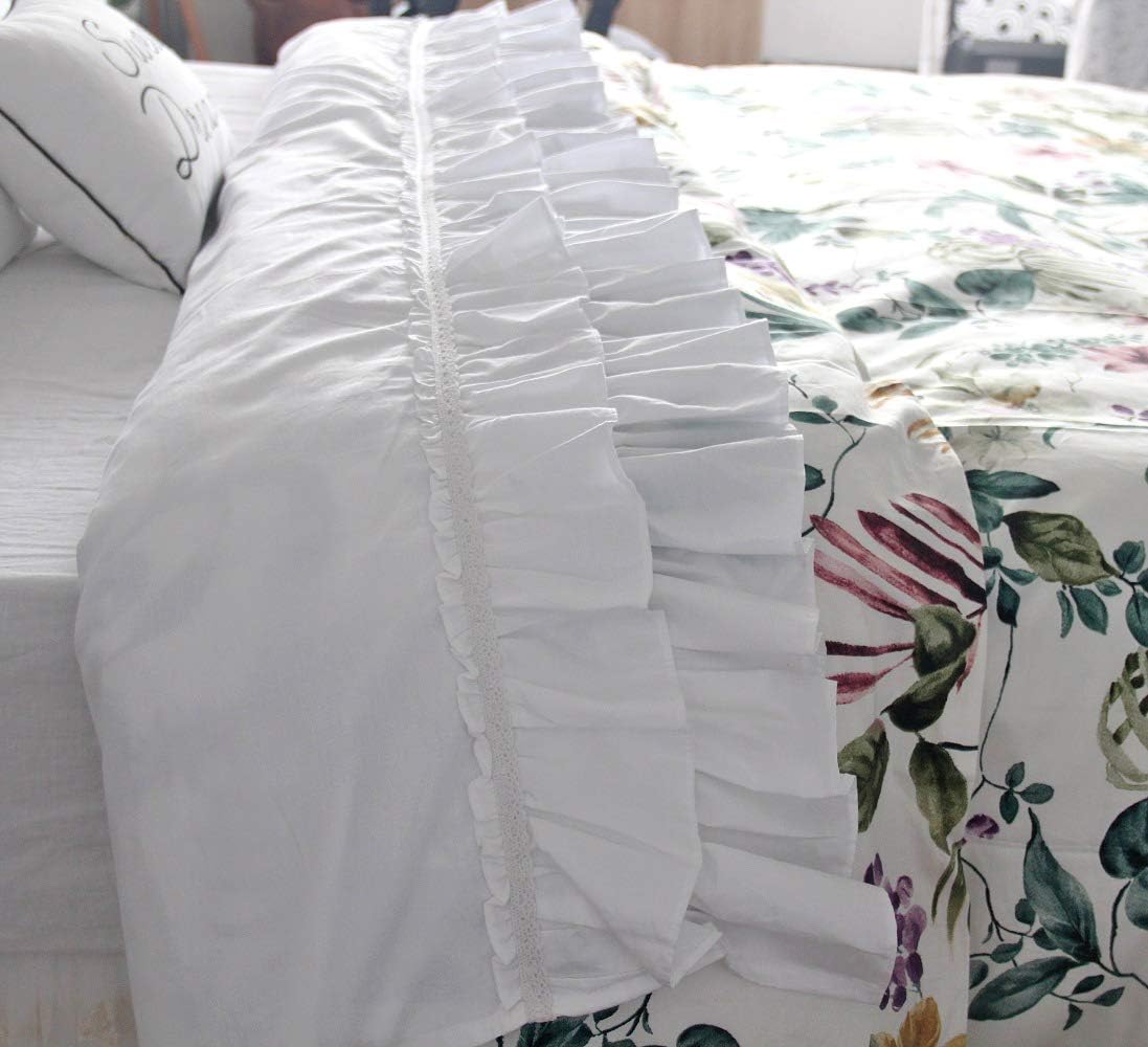 QSH Ruffle Sheets Set Queen Size French Country Lace Bedding 100% Cotton Shabby Vintage Bed Sheet Set 4pcs Deep Pockets Ruffled Bed Sheets