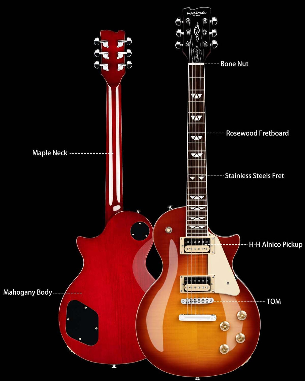 WestCreek Underdog Solid Body Electric Guitar, Mahogany Body, Maple Neck, Rosewood Fretboard, Rounded End Frets, Bone Nut, 22 Frets (CherryBurst)