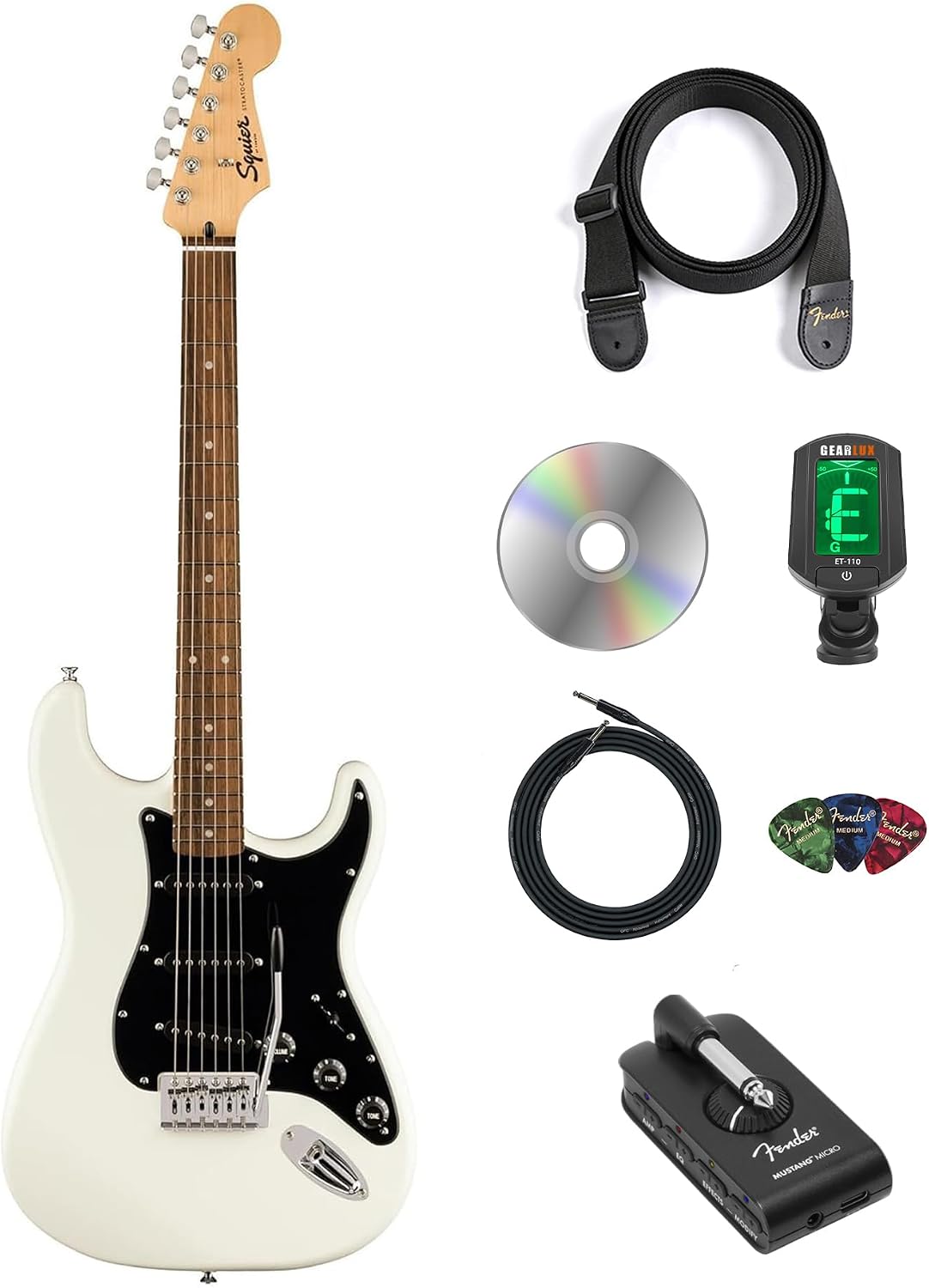 Fender Squier Sonic Stratocaster - Arctic White Bundle with Mustang Micro Headphone Amplifier, Instrument Cable, Tuner, Strap, Picks, and Austin Bazaar Instructional DVD