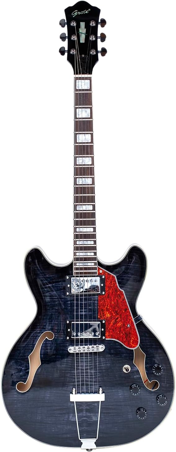GROTE Jazz Electric Guitar Semi-Hollow Body Trapeze Tailpiece Bridge Guitar Gig Bag (Black)