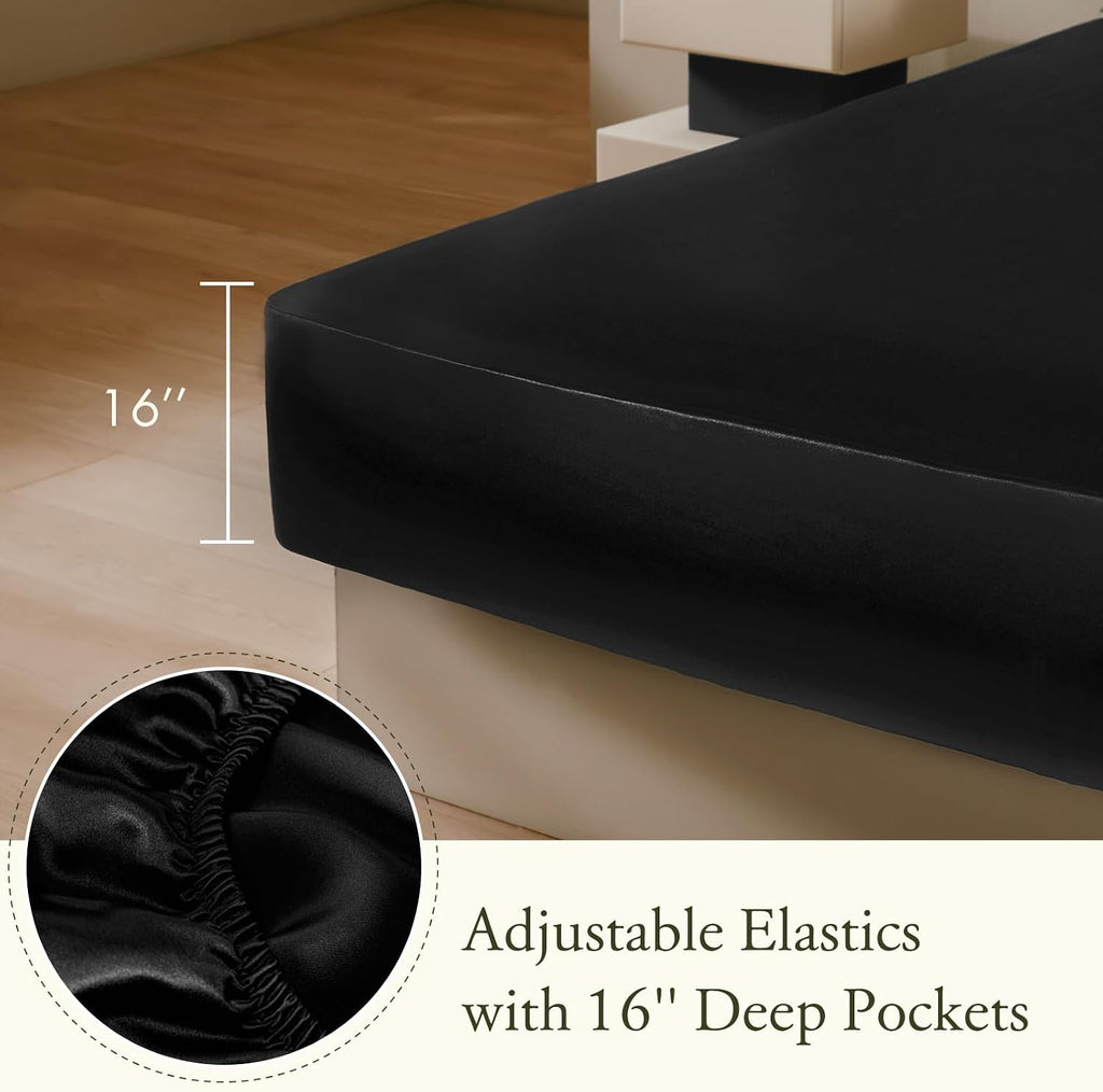 LILYSILK 3Pcs Silk Fitted Sheets Set 100% Mulberry Silk 6A Grade, 2 Silk Pillowcases and 1 Silk Fitted Sheet, 16 Inch Deep Pocket, 19 Momme Silk Bed Sheets Oeko-Certified Black, King Size