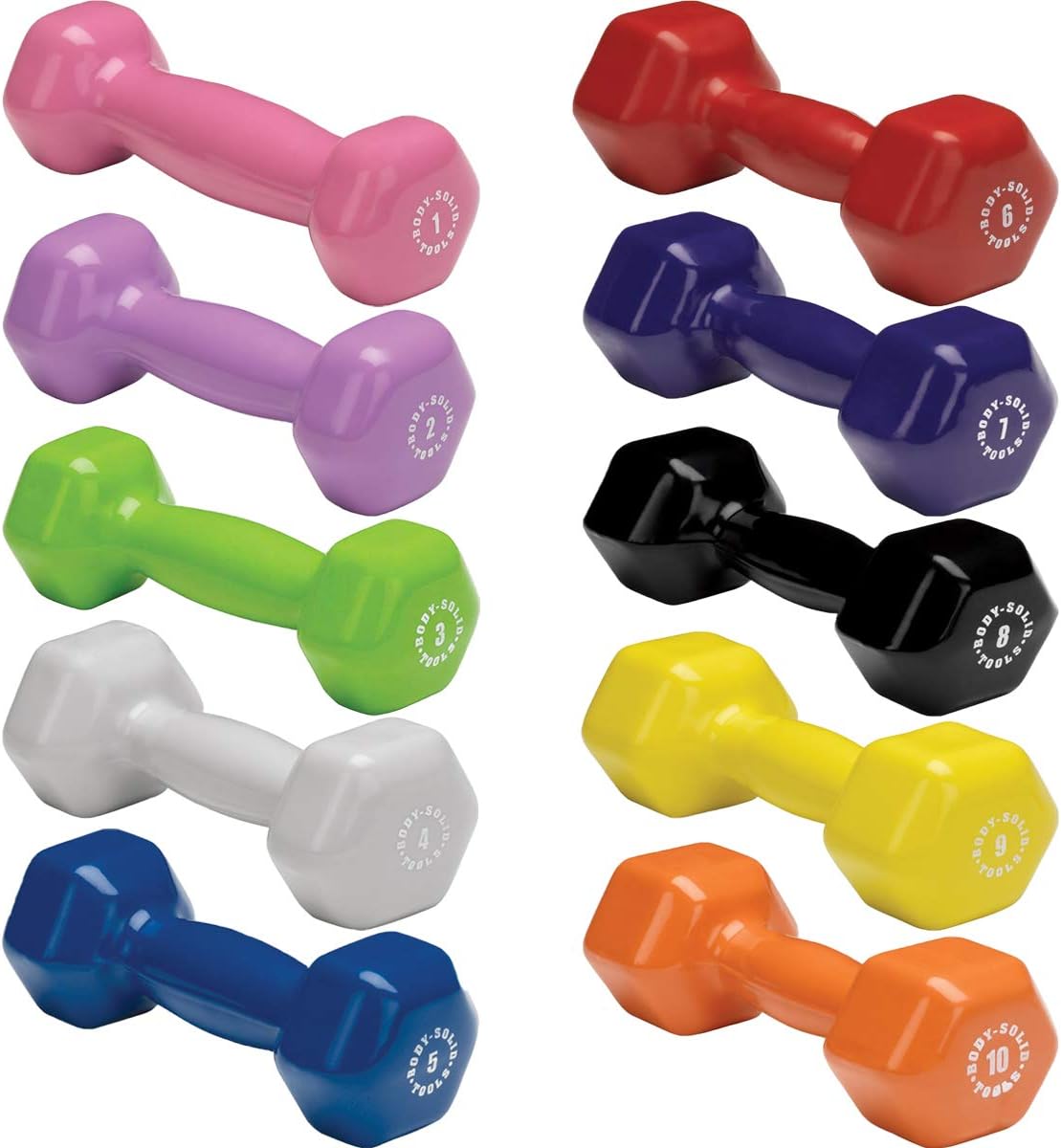 Body-Solid Tools (BSTVDS110) Vinyl Dumbbell for Weight and Aerobic Training, Pilates & Physical Therapy, Hand Weights Set for Women, Free Weights Hex End Dumbbells, 1-10lbs. Set