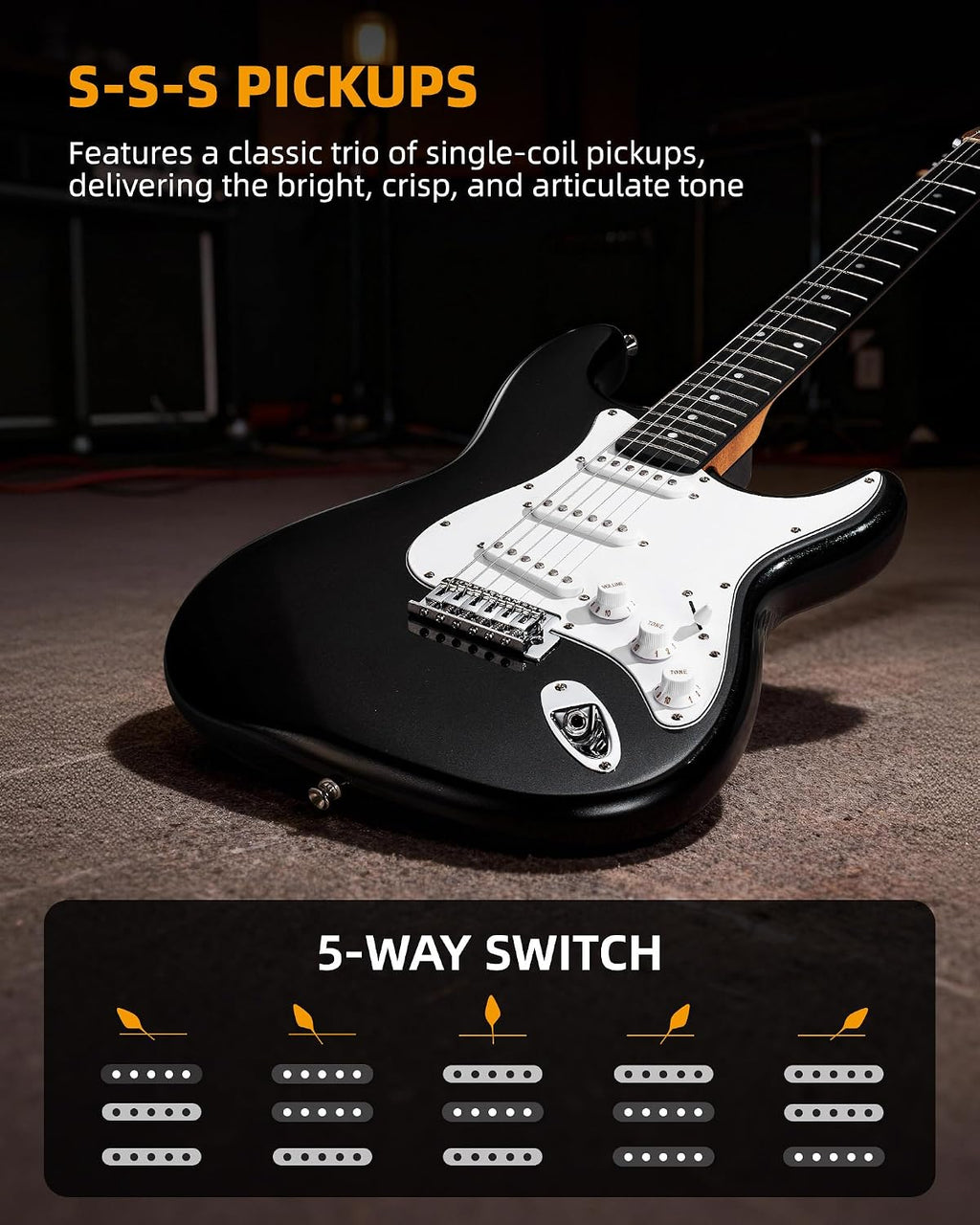 LEKATO Beginner Electric Guitar Kit 39 Inch Full Size Solid Body Guitar SSS for Starter Roasted Maple Neck Stainless Steel Frets, 5w Plug-in Amp, Bag, Tuner, Capo, Strap, Picks, String, Cable - Black