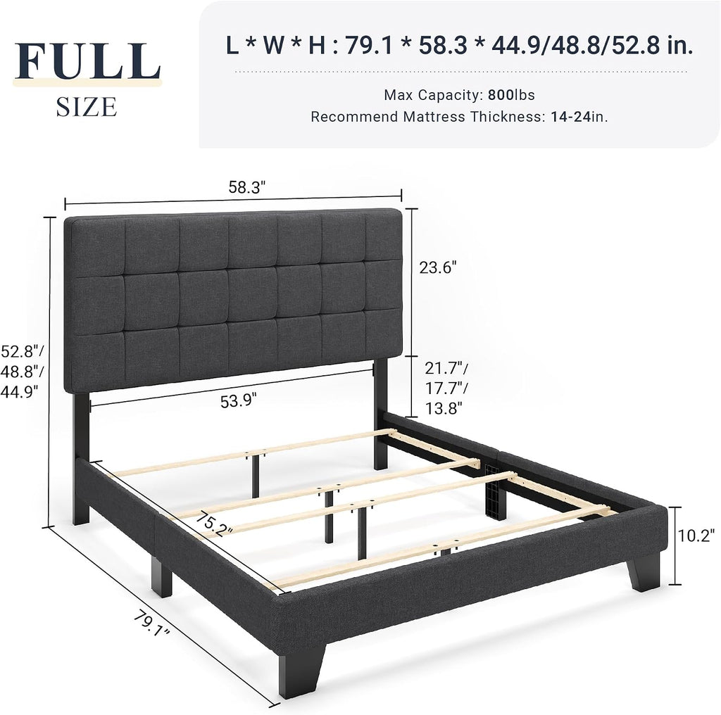 Allewie Full Size Panel Bed Frame with Adjustable Headboard for High Profile/Fabric Upholstered/Square Stitched Padded Headboard/Box Spring or Bunkie Board Required/Dark Grey