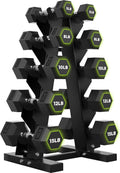HANDBODE Rubber Coated Hex Dumbbell Set with A-Frame Rack, 100 lb - 550 lb Multiple Options Weight, Hexagon Non-Rolling Shape, Ergonomic Knurled Handle, Home Gym Equipment for Strength Training
