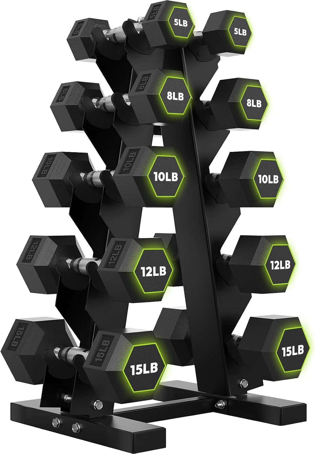 HANDBODE Rubber Coated Hex Dumbbell Set with A-Frame Rack, 100 lb - 550 lb Multiple Options Weight, Hexagon Non-Rolling Shape, Ergonomic Knurled Handle, Home Gym Equipment for Strength Training