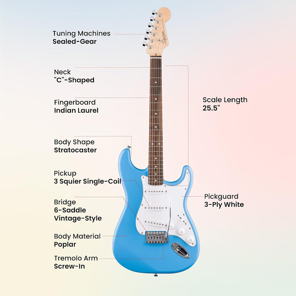 Fender Squier Stratocaster - California Blue Bundle with Amplifier, Gig Bag, Strap, Instrument Cable, Picks, and Austin Bazaar Instructional DVD