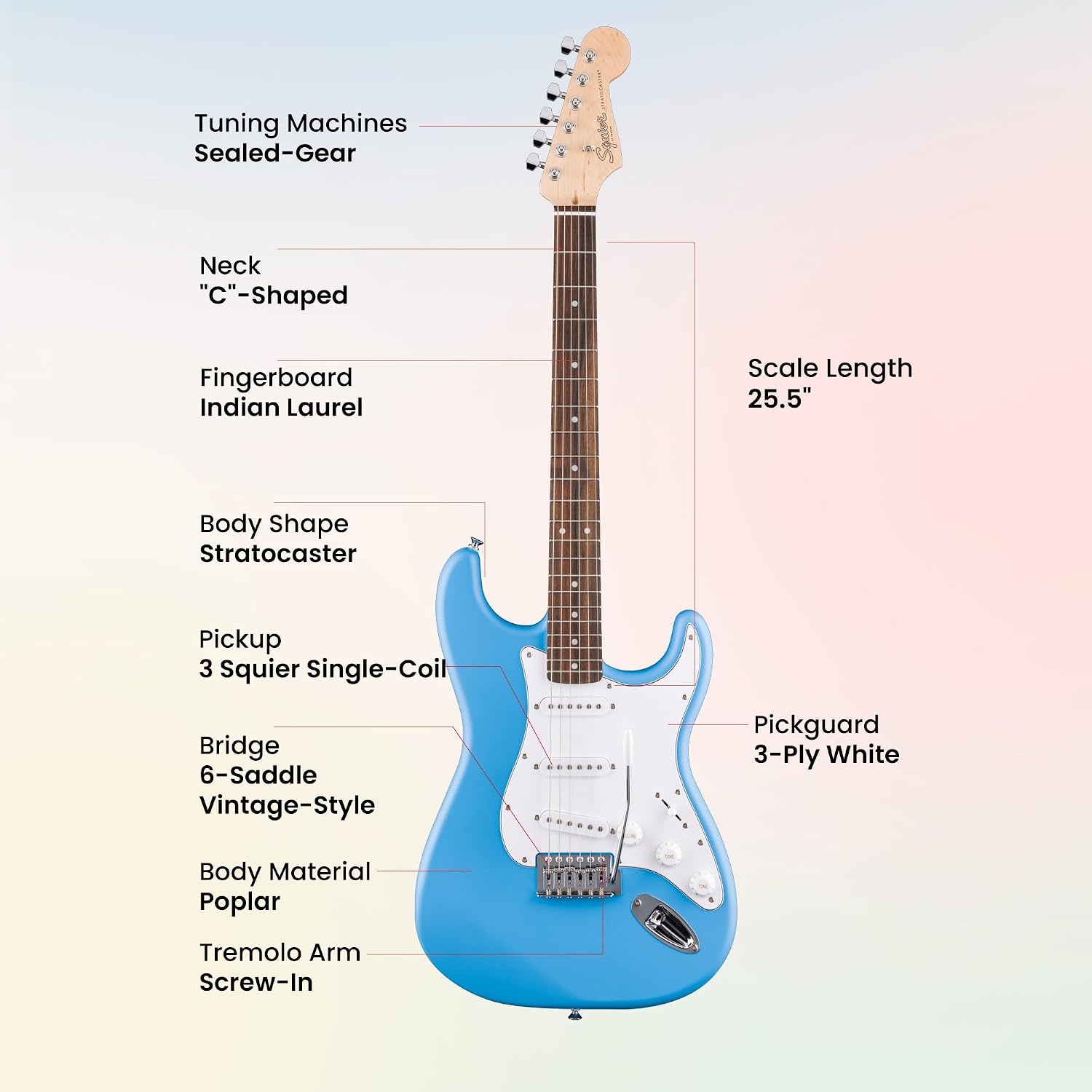 Fender Squier Stratocaster - California Blue Bundle with Amplifier, Gig Bag, Strap, Instrument Cable, Picks, and Austin Bazaar Instructional DVD