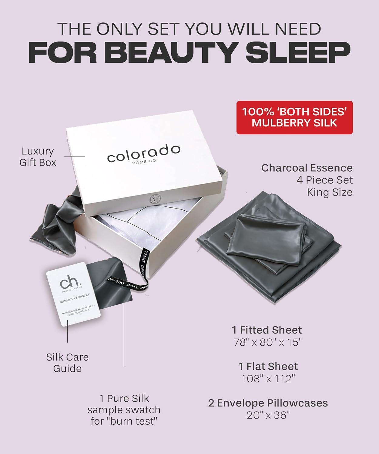Colorado Home Co SUNDAYSILKS™ | 100% Mulberry Silk Bed Sheets | King Size | 4PC Set | Luxury Organic Real Silk Sheets Set [Charcoal Essence]