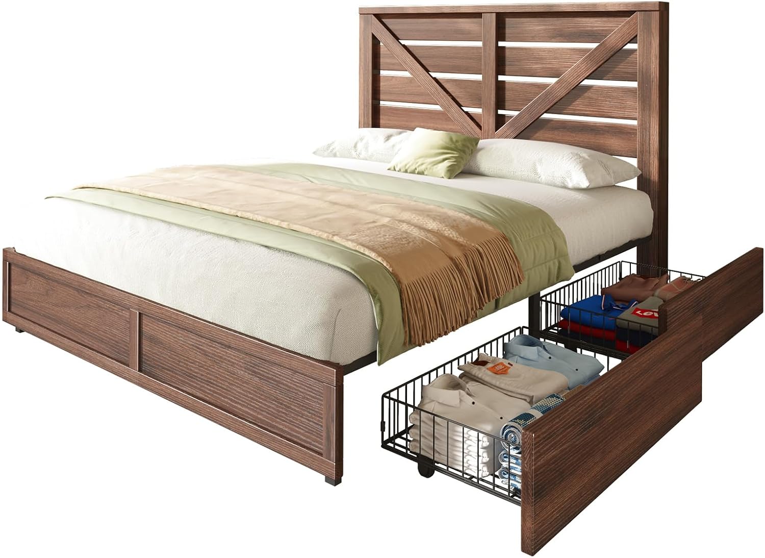 AMERLIFE Full Size Farmhouse Bed Frame with 4 Drawers, Wooden Storage Bed Frame with Headboard and Heavy Duty Metal Slats, Noisy Free, Easy Assemble, Rusric Brown