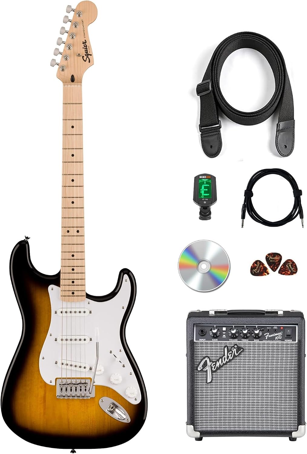 Fender Squier Sonic Stratocaster - 2-Color Sunburst Bundle with Frontman 10G Amp, Cable, Tuner, Strap, Picks, and Austin Bazaar Guitar DVD