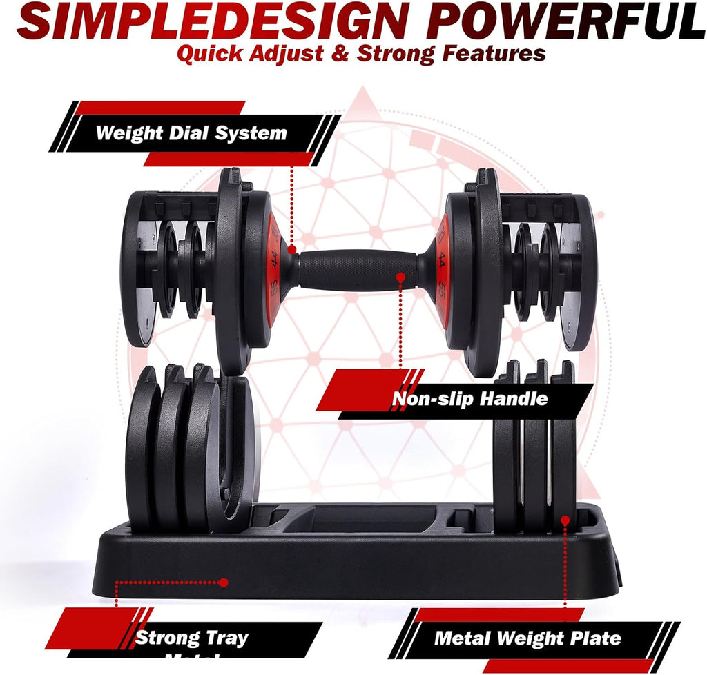 Kanchimi 25/55lbs Pair Adjustable Dumbbell Set, Fast Adjust Dumbbell Weight for Exercises Pair Dumbbells for Men and Women in Home Gym Workout Equipment with Tray Suitable for Full Body