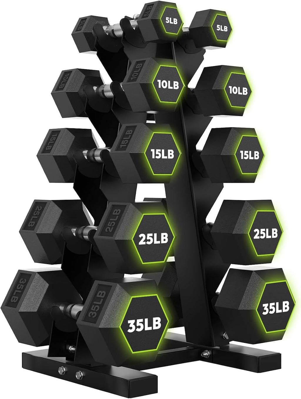 HANDBODE Rubber Coated Hex Dumbbell Set with A-Frame Rack, 100 lb - 550 lb Multiple Options Weight, Hexagon Non-Rolling Shape, Ergonomic Knurled Handle, Home Gym Equipment for Strength Training
