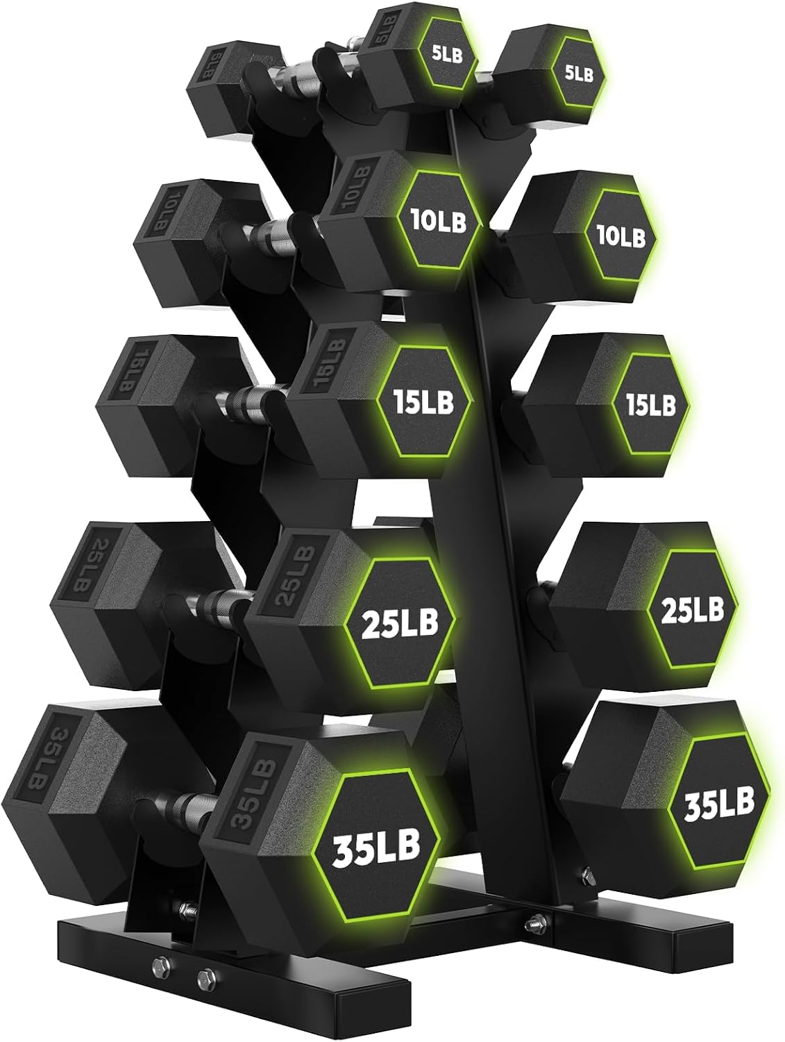 HANDBODE Rubber Coated Hex Dumbbell Set with A-Frame Rack, 100 lb - 550 lb Multiple Options Weight, Hexagon Non-Rolling Shape, Ergonomic Knurled Handle, Home Gym Equipment for Strength Training