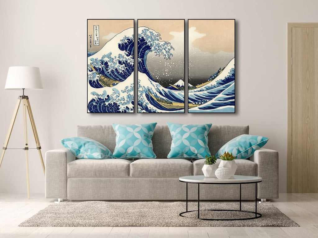 Wieco Art Large Black Aluminum Framed Art 3 Panel Great Wave of Kanagawa Katsushika Hokusai Canvas Prints Wall Art Abstract Seascape Paintings for Living Room Home Decorations